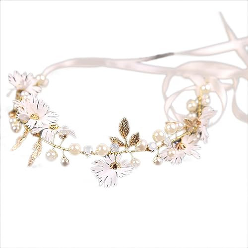 Blumenstirnband, Damen Blumenkranz Haare Blumenmädchen Haarband Haarschmuck Hochzeit Haarband mit Künstliche Blättern,Blumen und Perle für Hochzeit Zeremonie Party Festival,Weiß