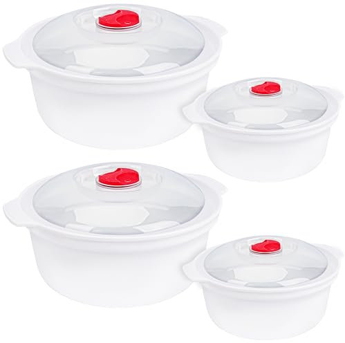 BELLE VOUS 4 Pack of Microwave Food Containers with Steam Vent Lids - 800-1300ml/27-44oz BPA-Free Round Cooking Pots - Food Cookware/Storage Bowls with Steam Control Valves - Freezer/Dishwasher Safe