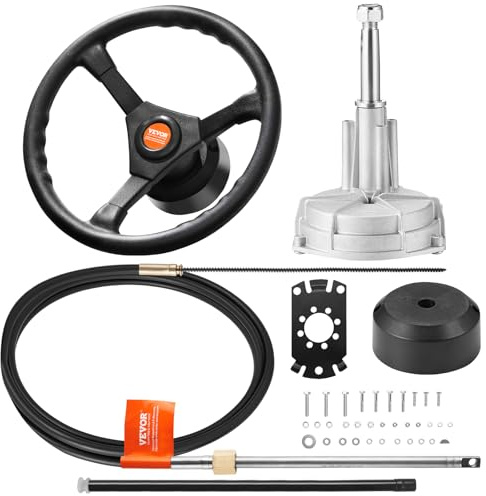 VEVOR Kit Direction Hydraulique Hors-bord avec Câble 4,28 m SS13714 et Volant 34,3 cm, Système de Direction Hydraulique Marin, Accessoires pour Bateau Voyage