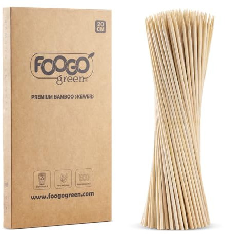 FOOGO Green 2000pcs Medium 20cm, Bamboo Skewers, FSC® Certified, Sturdy Eco-Friendly Wooden, Barbecue, BBQ & Kebabs Skewers, Fruit Picks, Cocktail Sticks, for Camping, Parties and Wedding