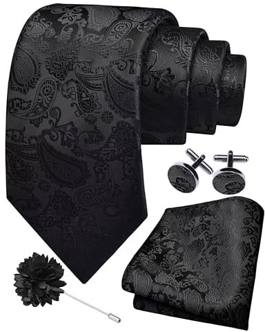 GUSLESON Paisley Black Tie Mens Classic Wedding Necktie Pocket Square Cufflinks and Lapel Pin Brooch Set (6105-08)