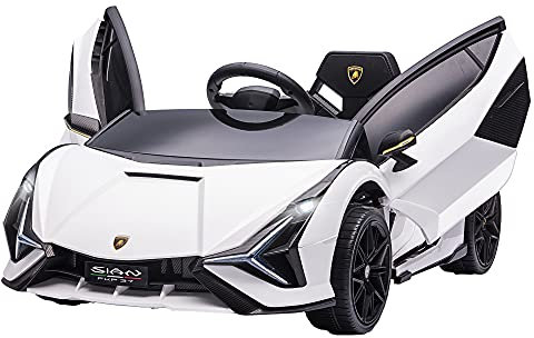 HOMCOM Macchina Elettrica per Bambini 3-5 Anni 12V Lamborghini SIAN, 3-5km/h Auto Elettrica per Bambini con 2 Motori, Fari e Musica, Telecomando, Cintura e Clacson, Bianco