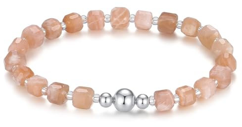 MetJakt Handgemachtes Stretch Armband mit 6MM Echtes Naturstein Würfel Design und 18k Vergoldete Kugel Edelstein Perlenarmband für Damen und Herren (Sonnenstein -Silber)