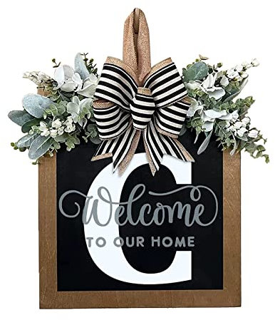 Front Door Wreath, Initial Last Name Year Round Front Door Wreath, 26 Letter Farmhouse Wreath, for Front Door Spring Outside Hanger Decor (C)