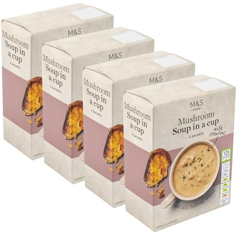 Premium Instant Mushroom Soup in a Cup Mix with Croutons, 125 Calories Per Sachet, Vegetarian - Set of 4 Boxes (4x4pk)