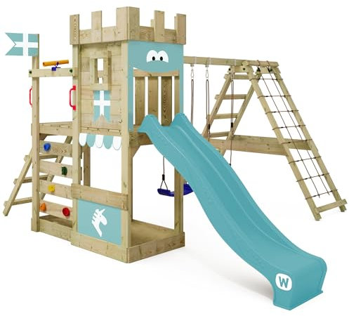 WICKEY Spielturm Ritterburg DragonFlyer mit Schaukel & pastellblauer Rutsche, Outdoor Kinder Kletterturm mit Sandkasten, Leiter & Spiel-Zubehör für den Garten