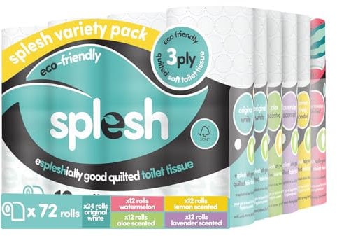Splesh by Cusheen 3-ply Toilet Roll - Soft, Quilted, and Eco-Friendly Toilet Rolls, Made in UK Toilet Tissue Loo Rolls - 72 Rolls (Mixed - Bulk Buy)
