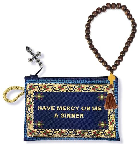Needzo Gebetsperlen aus Holz mit wendbarem Jesus-Wandteppichbeutel, religiöses Andenken, Geschenk-Set, 2 Stück