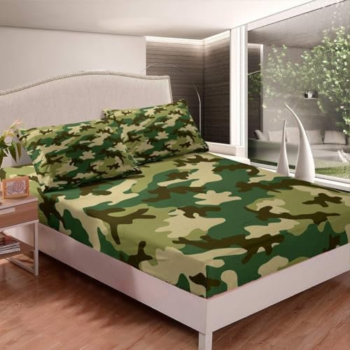 3D Spannbettlaken 90x200 Camouflage Bettlaken Weiches Atmungsaktiv Spannbetttücher Camouflage Mikrofaser Spannbetttuch Tiefe Tasche 30 cm Mit 2 Kissenbezügen 80x80 cm aaa6495