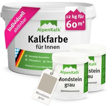 AlpenKalk Mondstein-Grau Kalkfarbe für Innenräume I 12 kg inkl. 2 Dosen Pigmente für ca. 65m² I Atmungsaktiv & Anti-Schimmel Formel für ein natürliches Raumklima I Für Allergiker & Kinder