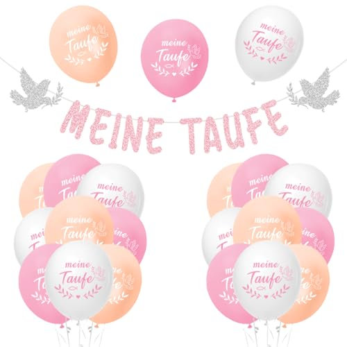 Bluelves Taufe Deko Set Rosa, Meine Taufe Girlande Mädchen, 18 PCS Tauf Luftballons(12 Zoll) + 1 PCS Glitter Girlande für Tauf Konfirmation Deko