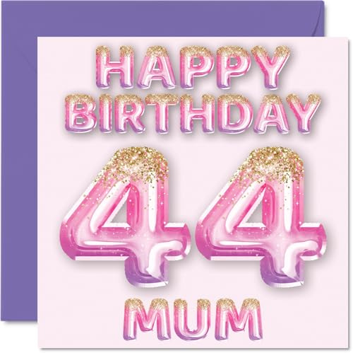 44th Birthday Card for Mum, Pink & Purple Glitter Balloons | Happy Birthday Cards for 44 Year Old Mum Mother from Son Daughter, 145mm Bday Greeting Cards Gift