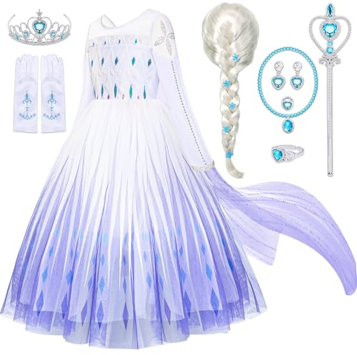 Tacobear Eiskönigin Elsa Kostüm Mädchen mit Elsa Kleid Perücke Umhang Krone Zauberstab Halskette Armband Prinzessin Kleid Frozen Kostüm Zubehör für Mädchen Karneval Kostüm