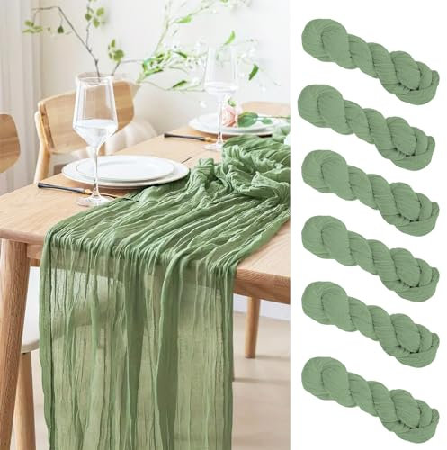 POFIBO Käsetuch Tischläufer - 6 Stück Tischläufer Salbei, 90 x300cm Boho Tischläufer, Grüner Tischläufer für Hochzeiten Brautparty Dekorationen Tischdekoration