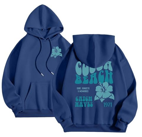 Damen Hoodie mit Kapuze - Blumen & Buchstaben Druck Oversize Kapuzenpullover Couple Gym Teenager Pullover Mädchen Streetwear Oberteile Tops Shirt (Dark Blue, S)