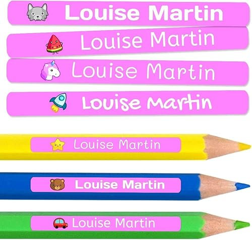 100 personalisierte Klebeetiketten für Bleistifte und Kugelschreiber. Schulaufkleber mit Namen zum Markieren von Gegenständen. Wasserfeste Aufkleber für Schule und Kindergarten Maße 4,6 x 0,6 cm
