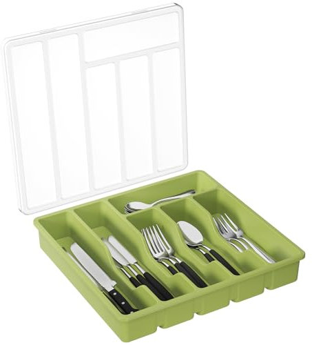 Lifewit Portaposate con Coperchio, Contenitore Porta Posate da Cassetto per Cucina, Organizer in Plastica per Cassetto per Cucchiai, Forchette, Coltelli, 6 Scomparti, Verde