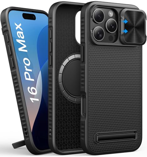 SIXBOX for iPhone 16 Pro Max Case with Stand, Compatible with MagSafe, Slide Camera Cover, Slim Fit, Military-Grade Protection, Rugged Hard Magnetic Men Phone Case for iPhone 16 Pro Max 2024, Black