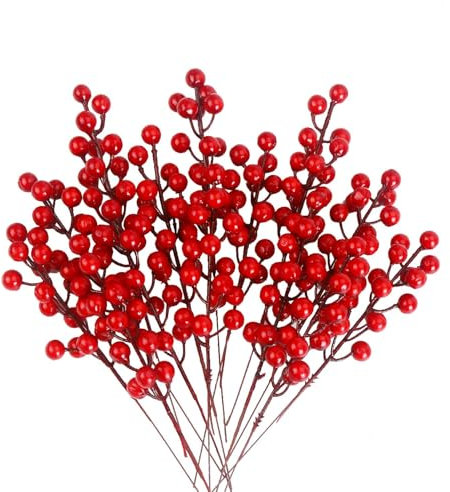 DERAYEE 100 Pcs Weihnachten Stechpalmen Beeren,künstliche rote Beeren für Weihnachten Kranz Dekorationen Kranz Machen Zubehör,Christbaumschmuck deko (14PC 22CM)