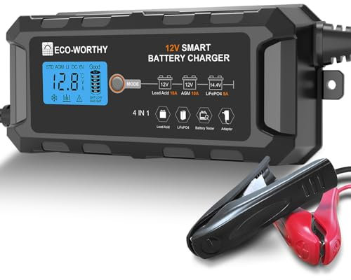 ECO-WORTHY 12V 10A LiFePO4 Battery Charger Automatic Smart and Maintainer (UK Plug) with LCD Display for Scooter Lead Acid and Lithium (LiFePO4) Battery