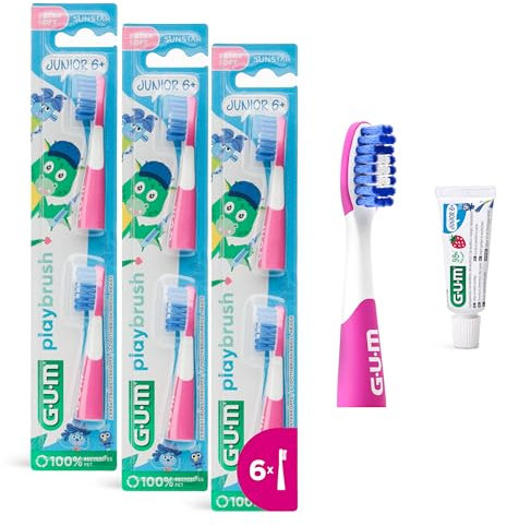 GUM Playbrush JUNIOR 6+ Bürstenköpfe | Kompatibel mit GUM Playbrush elektrischer Zahnbürste | Extra weich | Kleiner Bürstenkopf | 3x2 Bürstenköpfe | 1x GUM JUNIOR Zahnpasta-Probe | Pink
