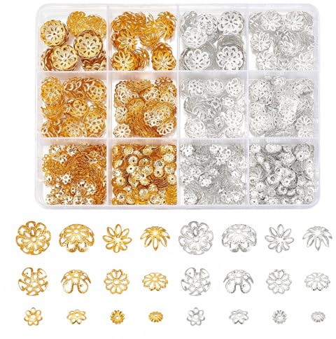 UNICRFTALE 1260 Stück 2 Farben Blumenperlen Endkappen Blumenfiligrane Perlenkappen Gold Abstandsperlenkappen Enden Eisenperlenkappen Lose Abstandsperlen Massenohrringe Für Die Herstellung Armbändern