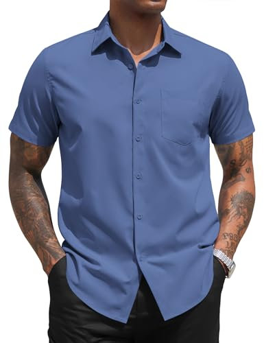 COOFANDY Short Sleeve Shirt for Men Button Down Casual Business Shirts Summer Short Sleeved Dress Shirts Wedding Office Work Shirt Slim Fit Navy Blue M