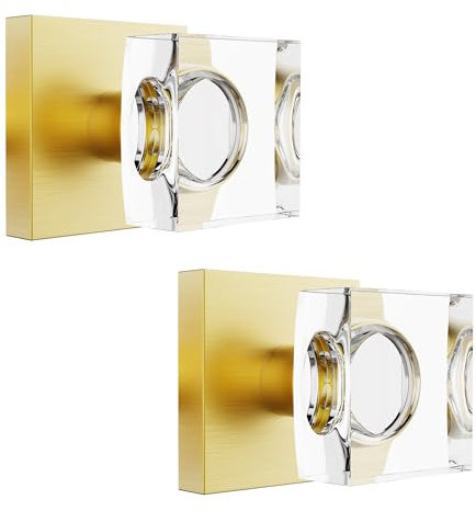 2 Pack Gold Crystal Glass Door Knobs - Satin Brass Square Modern Door Handles for Hall, Pantry, Closet