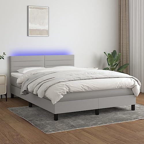 KOIECETA Boxspringbett mit Matratze LED Doppelbett Bett Polsterbett Bettgestell Bettrahmen Lattenrost Schlafzimmerbett Hotelbett Hellgrau 140x200 cm Stoff