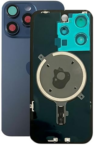 Generisch Coque arrière (couvercle de batterie) compatible avec iPhone 15 Pro. Pré-assemblé : avec aimant, support métallique, anneaux de caméra, etc. Verre arrière de remplacement. OEM (bleu)