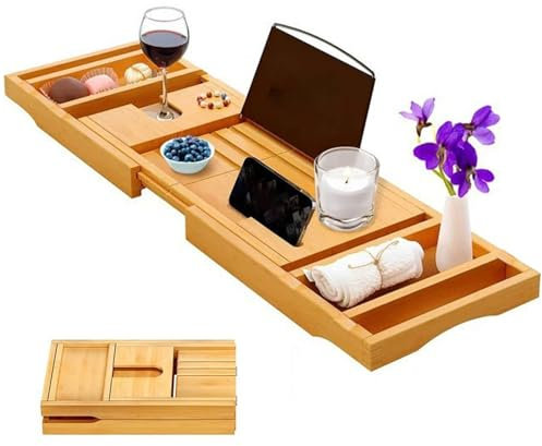 DECORN Faltbare Badewanne Bath Caddy mit erweiterbaren Griffen, Weinglas- und Tablettenhalter, Buchständer, Badewanne Aufbewahrungsorganisator, Inhaber für die Badewanne