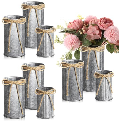 Zonon 9 Pcs Farmhouse Vase Decor with Twine Bow 4.33 Galvanized Flower Bucket 5.91 Metal Pots 7.09 Rustic Decorated Vases for Artificial Flowers Home Table Weddings Decor (Black)
