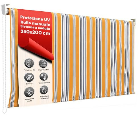 AVILIA Tenda da Sole Gialla a Caduta 200x250 cm con Rullo in Alluminio, Parasole Esterno a Righe gialle, Attacco Soffitto Incluso