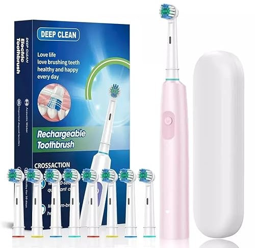 Electric Toothbrush Rotary Rechargeable for Adults Rotating Toothbrush with Soft Brush Heads Deep Clean Electric Toothbrush with 2 Minute Smart Timer IP67 Waterproof (Pink, 8 Heads)