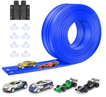 Autorennbahn 5M Inklusive 4 Autos: KETIEE Flexible Rennstrecke Auto Rennbahn Spielzeug Autobahn Kinder Rollt Auf Tragbare Dual Rennstrecke Rampen für Hot Wheels Bahn 1/64th Autos für Alter 3+, Blau