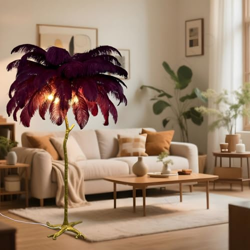 YYUTLUO Stehlampe Mit Dunkelrot Federn, Körper Aus goldenem Kunstharz+Straußenfeder+Metallsockel, 3 Farbtemperaturen, E14-LED-Birnen*3, Wohnzimmer Esszimmer Aktivität Kinderzimmer (H120*Ø75cm)