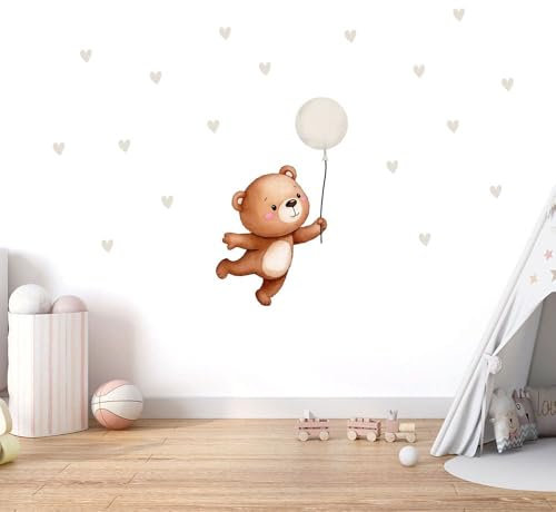 Bär mit Luftballon Wandtattoo #140 grau – Selbstklebende Wanddeko – Blasenfreie Anwendung, nachhaltig & PVC-frei – Bär mit Luftballon ca. 52 x 82 cm, 48 Herzchen ca. 4 x 5 cm (Grau)