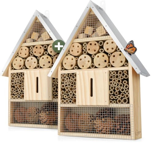 WILDLIFE HOME Großes Insektenhotel 2 Stück I Naturbelassen & Wetterfest, Insektenhaus aus Naturholz für Bienen, Wildbienen, Marienkäfer & Schmetterlinge, Bienenhotel & Nisthilfe zum Aufhängen, 2er Set