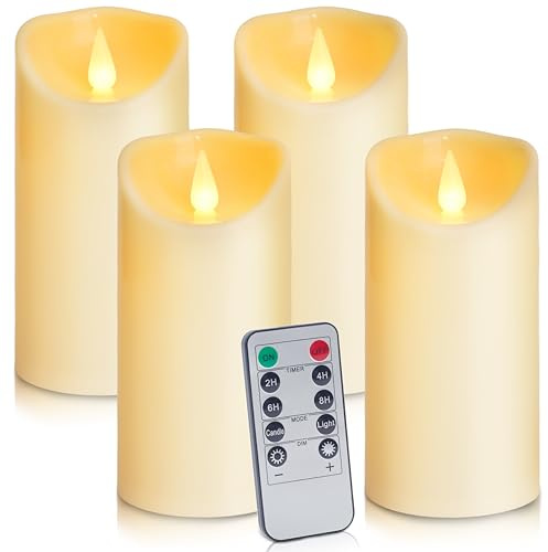 Auralome LED Flameless Candles - Battery Operated Lights Plastic Pillar Candle Remote Control Timer Realistic Flickering Flame Electric Powered Artificial Candle Large Ivory Outdoor Indoor Set of 4