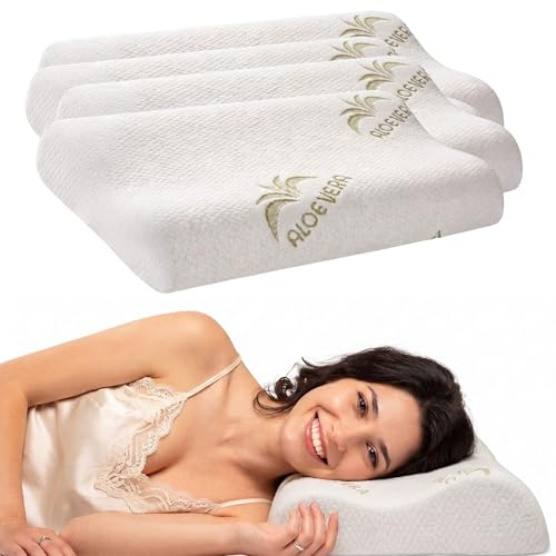 cuscini fiber - 4 Cuscino Cervicale per Dormire in Memory Foam con Fodera Aloe, Cervicale Collo Rimedi con Tecnologia a Doppia Onda, Guanciale in Morbido Memory Foam per Supportare il Collo 40x67