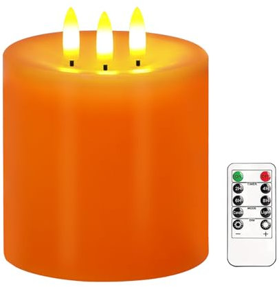 Large 3 Wick Flameless Candles, 4x4 Flickering Fall LED Candles with Remote & Timer, Dimmable Real Wax Pillar Candles Battery Operated, Orange Candles for Fall Thanksgiving Halloween Decor (Orange)