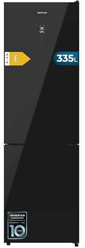 Cecotec Frigorífico Combi 335L No Frost Bolero CoolMarket Combi 335 Black Glass E. Altura 195,3cm y 59,5cm Ancho, Compresor Inverter Plus, Bajo Consumo, Estantes de Cristal, Cajón Control de Humedad