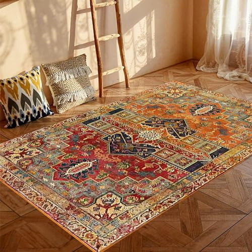 Bunter Kurzflor-Teppich, 160 x 200 cm, waschbar, für Wohnzimmer und Schlafzimmer, mehrfarbiges Blumenmuster in Rot, Orange, Gelb, Dunkelgrün, Blau