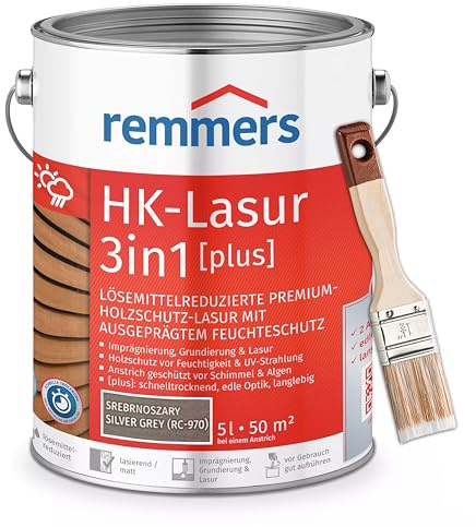 RemmersSet HK-Lasur 3in1 Plus + Pinsel Bandloo Set – Holzlasur für Außenbereich: Imprägnierung, Grundierung & Lasur in einem, Schutz vor Feuchtigkeit & UV-Strahlung, Varnish (Silbergrau, 5 L)