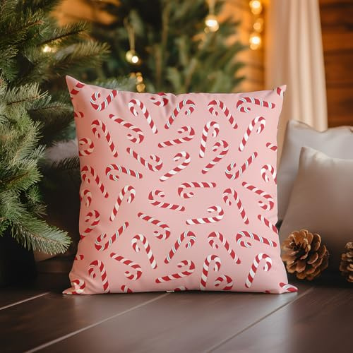 True Gifts Christmas Candy Canes Printed Cushion With Insert – Handmade in the UK | Throw Pillow, Plush Faux Suede Fabric, Cute Design, Soft Home & Bedroom Decor, Great Gift 30 x 30 cm With Insert