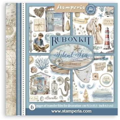 Stamperia - Rub-on Kit for Scrapbooks, Albums, Cards, Bullet Journals and More, Easily Transfer Images onto Paper and Other Surfaces, Perfect for Crafts and Gifting (6 Pages) (Silent Sea)