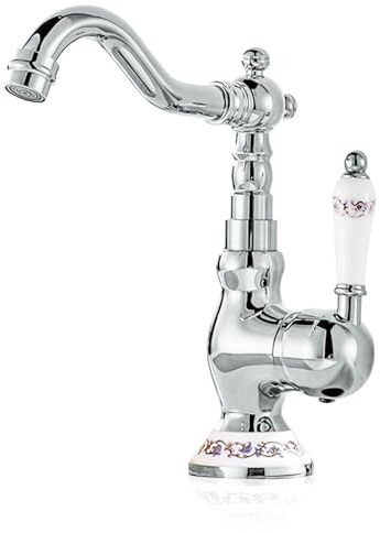EGTink Grifo de lavabo retro Grifería de lavabo de latón antiguo Grifo mezclador para baño frío y caliente, giratorio 360°, maneta de cerámica, cromado