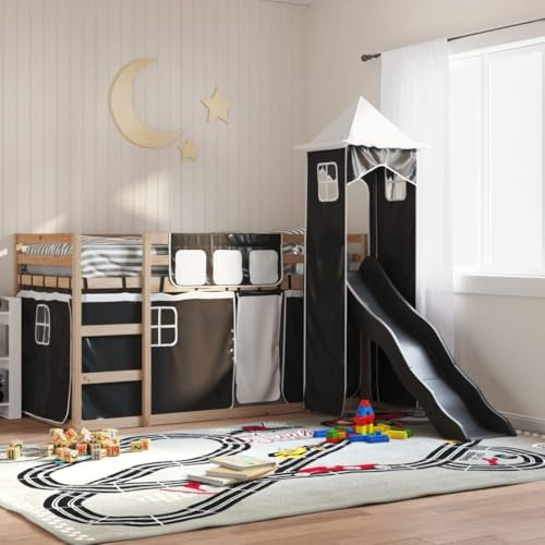 Runheo Etagenbett mit Rutsche, Gardinen Weiß und Schwarz, 90x190 cm, Massivholz Kiefer, Kinderbett mit Rausfallschutz, Spielbett für Kinderzimmer, Robustes Bettgestell
