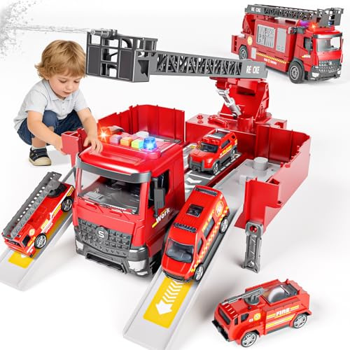 Doloowee Feuerwehrauto für Junge 3 4 5 Jahre, Verformbares Feuerwehrfahrzeug mit Feuerleiter, Sound und Licht, Sprudelfunktion, Autospielzeug Geschenk für Kinder ab 3 Jahren