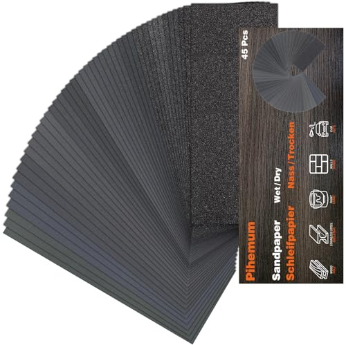 45 Pcs Sandpaper Assortment 80-5000 Grit Wet Dry Sandpaper Sheets, 9 x 3.6 Inch Sand Paper for Wood Furniture, Metal, Automotive Polishing & Finishing